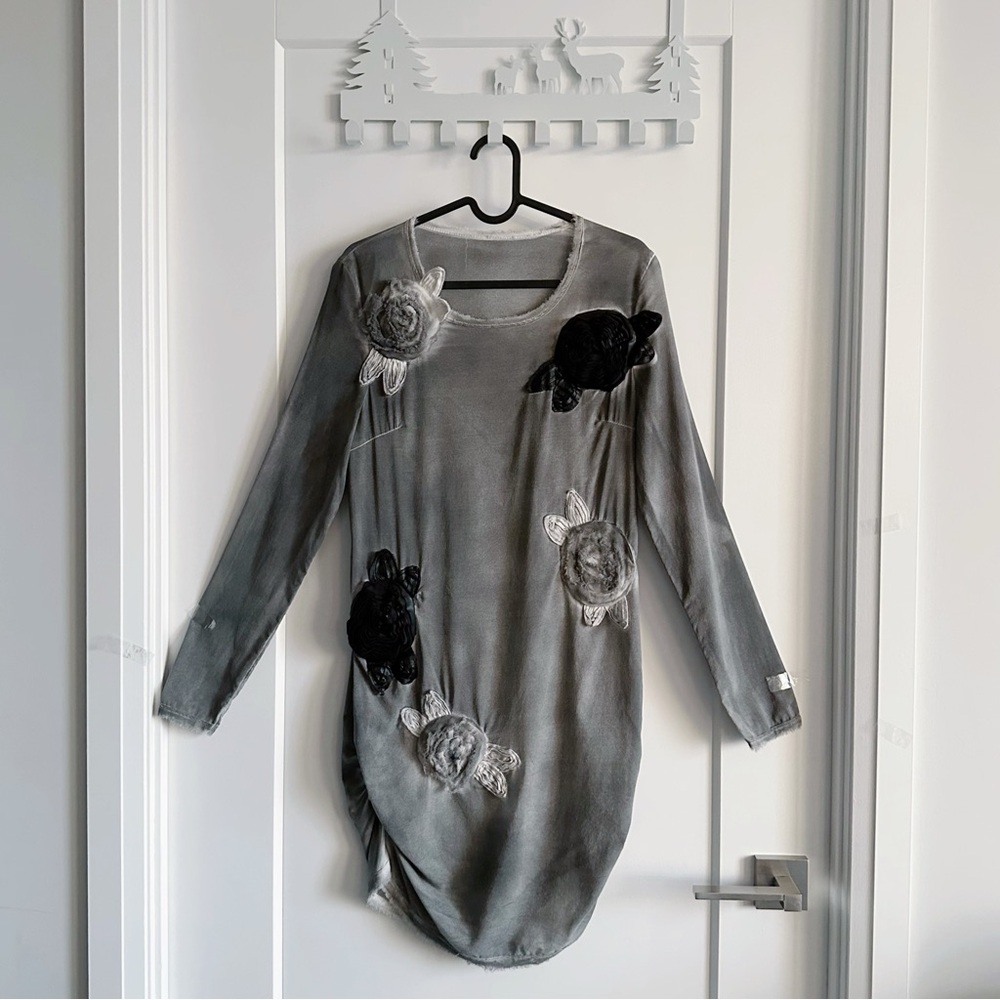 Italy Washed Gray Leather Mesh Floral Women's Mini Dress